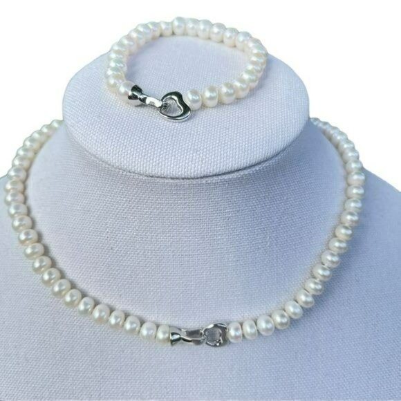 Cultured Freshwater Pearl Necklace And Bracelet Set With Heart Shaped 925S Clasp - Picture 1 of 7